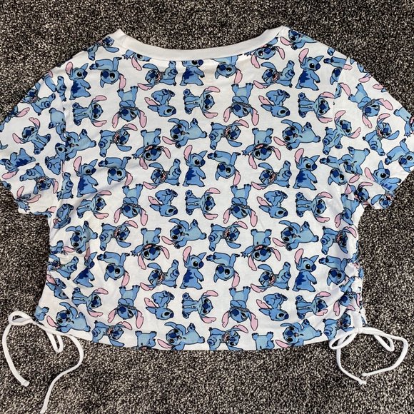 New Disney Lilo and Stitch Womens XL Crop Top Shirt White Blue Drawstring Sides - Picture 4 of 5